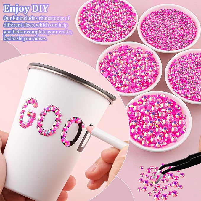 25000Pcs Resin Rhinestones for Crafting, Hot Pink AB 2-6mm Mixed Sizes Non Hotfix Flatback Gems with 1Pcs Glue, Bedazzling Crystal for DIY Craft Clothing Mugs Tumblers Shoes Fabric Decor Nail Art