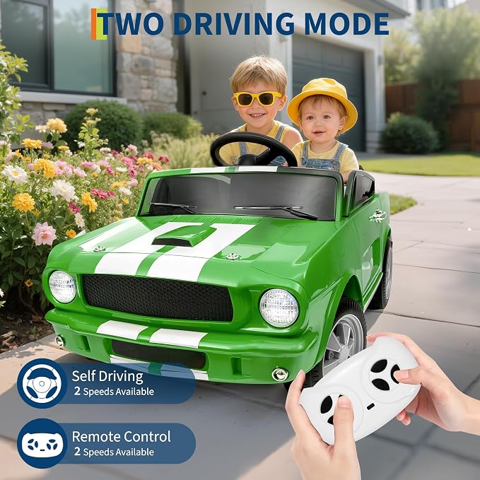 Garvee 24V 2 Seater Ride on Licensed Shelby GT350, Battery Powered Ride on Toys for Kids with Remote Control, Ford Shelby Kids Electric Vehicle 2 Seat, Safety Belt, 2 Speeds, LED Lights, Green