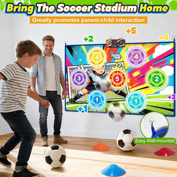 Electronic Scoring Soccer Toy Game Set for Kids with 5 Training Disc&2 Soft Balls,Indoor Outdoor Soccer Target Game Real-time Scoring 3 Modes Birthday Gifts for 3 4 5 6 7 8 9 10+ Years Old Boys Girls