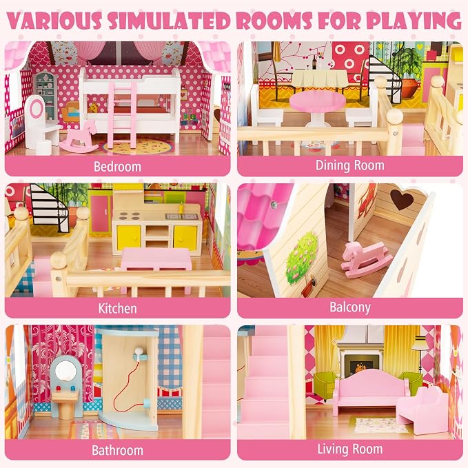 HONEY JOY Pink Doll House, Wooden Kids Dollhouse with Balcony & Stairs, 15 Pieces Accessories & Furniture Included, Large 3-Story Easy to Assemble Doll House Toy, Gift for Toddler Boys Girls, Pink