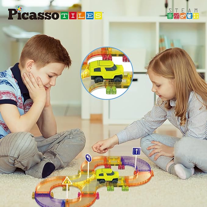 PicassoTiles Race Car Track Magnetic Tiles Travel Toy Sensory Magnet Tile Toys for Toddlers STEM Educational Learning Montessori Play Construction Building Blocks Kids Boys Girls Ages 3+ PTMR40