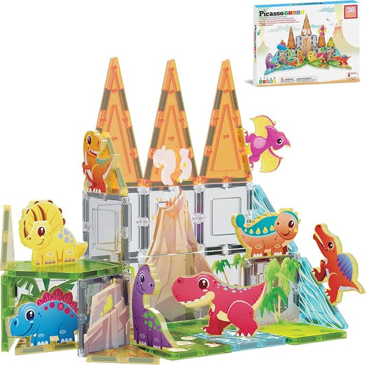 PicassoTiles Magnet Tiles Building Blocks Dinosaur Theme Set with 8 Magnetized Action Figures Magnetic Construction Build and Play Toy with Magnets STEM Learning Activities for Toddlers 3+ PTQ13