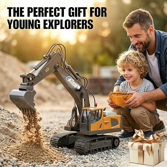 3-in-1 Remote Control Excavator Toy for Boys, Best Birthday Gifts for Kids 3-5 4-7 6-8 9 10 12 Years Old, 11-Ch RC Construction Vehicle with Alloy Shovel, Drill & Grapple, Digger Sandbox Toys