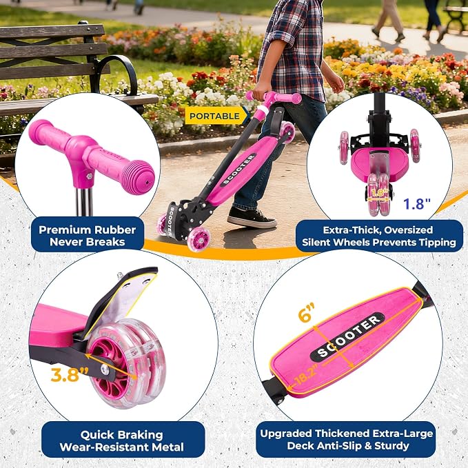 3 Wheel Scooter for Kids Ages 3-12, LED Light-Up Kids Kick Scooter–Portable Foldable, Adjustable Height, Durable Metal Construction, 6" Extra Wide Deck for Outdoor Activities,Child Safety Certified