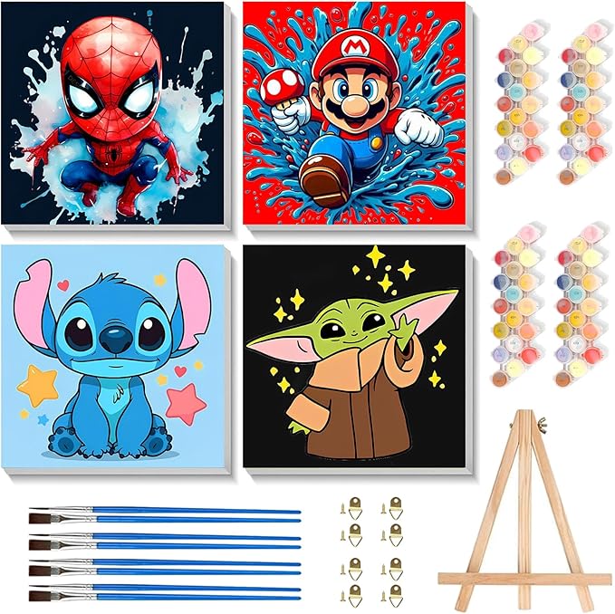 KOJEFCV 4 Pack Cartoon Paint by Numbers for Kids with Framed Canvas-with Wooden Easel, Paint by Number for Kids Ages 4-8-12, DIY Easy Acrylic Oil Painting Kits for Home Wall Decor (8X8inch)