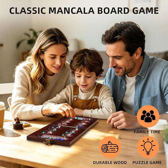 Mancala Board Game – Folding Wooden Travel Set with Locking Metal Latch | Includes 56 Colorful Glass Stones. Classic 2-Player Table Strategy Game. Great For Kids And Adults. Fun For Family Game Night