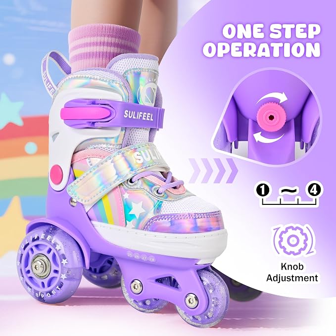 SULIFEEL Rainbow Unicorn 4 Size Adjustable Roller Skates for Girls Boys for Kids Ages 3-5 5-8 6-12 Children Skates Indoor Outdoor