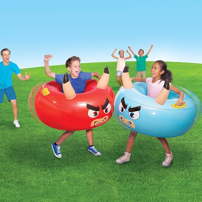 Banzai: Bump ‘N Bull Battle Set - Red & Blue, 2 Inflatable Body Bumper Toys, 37" Animal Ring Boppers, Bouncer Grip Handles, Outdoor Game Play, Kids 4+