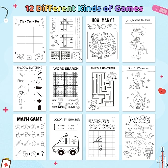 Bulk Medical Activity Books for Kids - 96Pcs Doctor Nurse Theme Mini Games Coloring Book Set Medical Coloring Booklet Include Mazes Word Search Word Scramble Games for Classroom DIY Art Party Favors