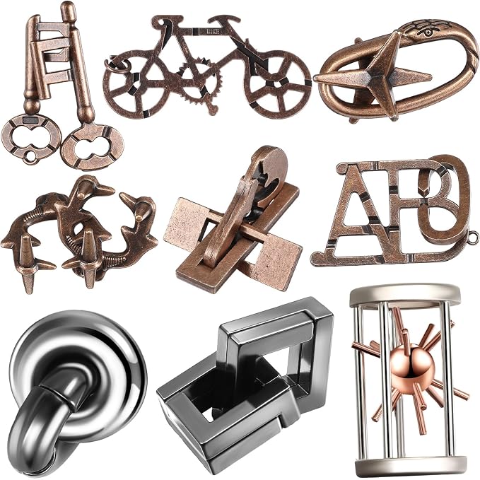 Wettarn 9 Pcs Metal Brain Teaser Puzzles 3D Steel Puzzle Set for Adults IQ Logic Challenge Disentanglement Unlock Interlocking Games Smart Logic Test Toys for Adults Mind Challenge(Exquisite Style)