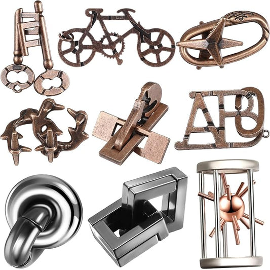 Wettarn 9 Pcs Metal Brain Teaser Puzzles 3D Steel Puzzle Set for Adults IQ Logic Challenge Disentanglement Unlock Interlocking Games Smart Logic Test Toys for Adults Mind Challenge(Exquisite Style)