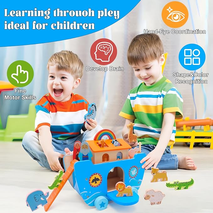 Yelakey Wooden Noah's Ark Toy Baptism Gifts for 1 2 3 4 Years Old Baby Boy and Girl Montessori Educational Toy for Toddlers with Bible Story Animal Shape Sorter