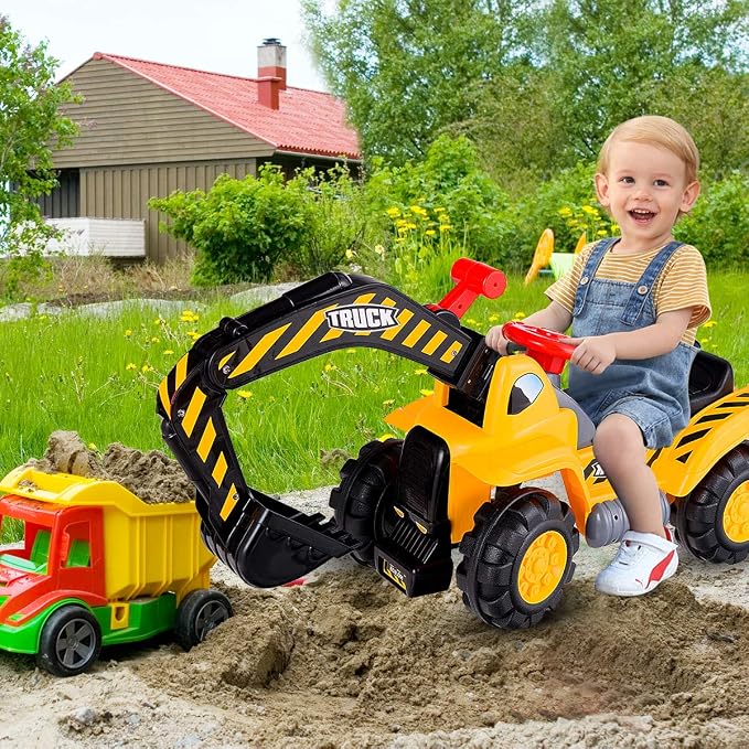 HONEY JOY Ride on Excavator, No Power Ride on Construction Vehicles for Kids, Helmet, 3 Toy Rocks, Adjustable Digger, Horn, Ride On Loader, Bulldozer Ride on Toy, Gift for Boys Girls