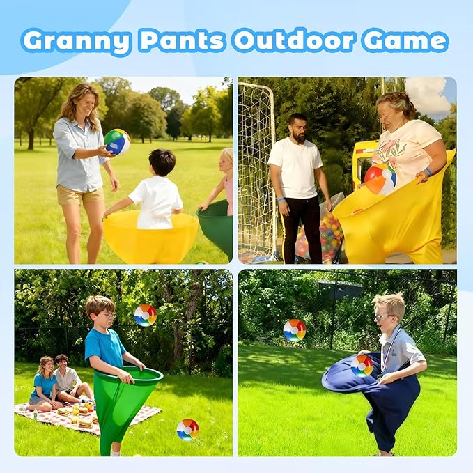 Granny Pants Yard Game, 4Pcs Granny Pants Outdoor Game for Adults and Kids, Giant Outdoor Tossing Games with 4 Oversized Pants & 12 Bouncy Balls, Family Reunion Party Field Game Set