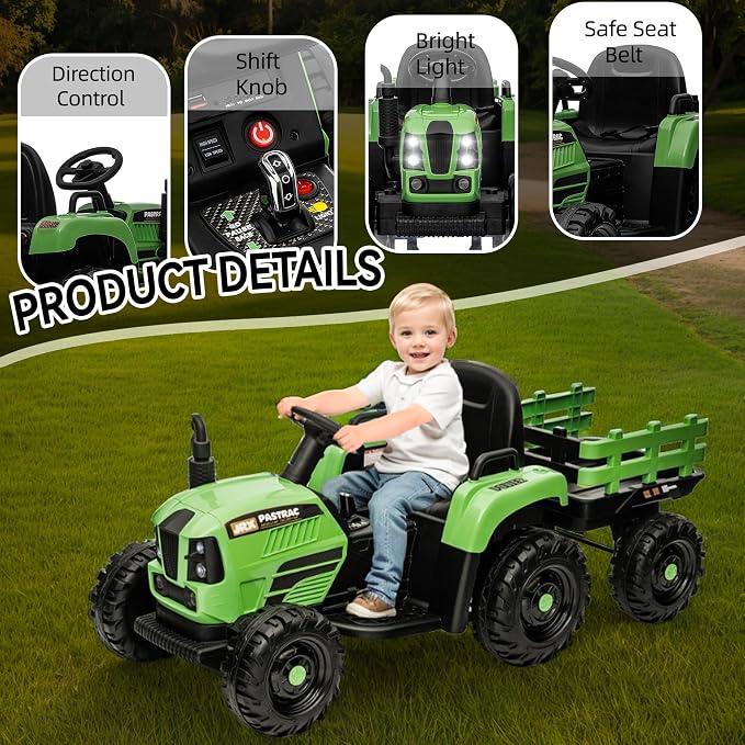 24V Ride on Tractor with Trailer, 400W Electric Car for Kids, Toddler Ride On Toy W/Remote Control, 3 Speed Adjustable, MP3, Bluetooth, LED Light, Blue
