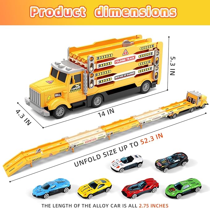 HONGTUO Race Track Truck Toy for Kids – Foldable 3-Layer Car Track Playset with 6 Vehicles, Light & Sound Transport Truck, Christmas & Birthday Gift for Boys and Girls Ages 3-6