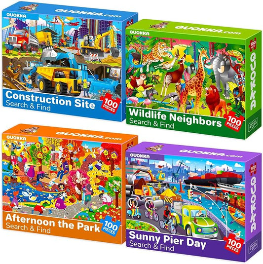 QUOKKA 100 Piece Puzzles for Kids Ages 4-6 – 4 Jigsaw Puzzles for Kids Ages 6-8 – Search and Find Animals and Construction Vehicles for Children 5-8 – Educational Learning Toy for Boys and Girls 8-10