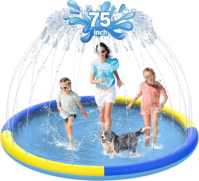 CACSPS 75" Non-Slip Splash Pad for Kids and Dog, Thicken Sprinkler Pool Summer Outdoor Water Toys, Extra Large Backyard Wading Pool for Children Boys & Girls or Pet Dog (Blue&Yellow)