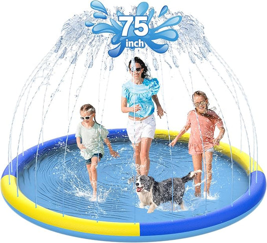 CACSPS 75" Non-Slip Splash Pad for Kids and Dog, Thicken Sprinkler Pool Summer Outdoor Water Toys, Extra Large Backyard Wading Pool for Children Boys & Girls or Pet Dog (Blue&Yellow)