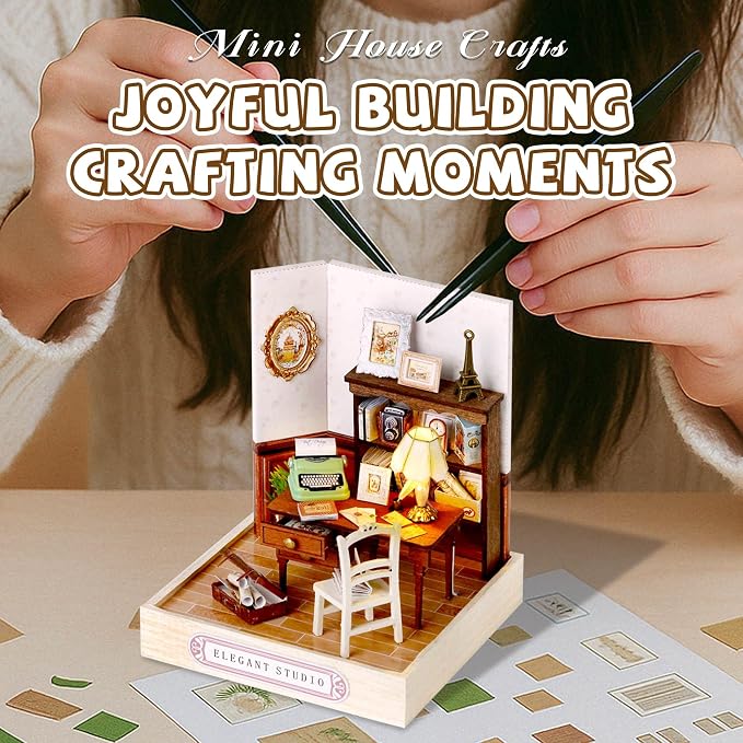 Kisoy Dollhouse Miniature with Furniture Kit, DIY 3D Wooden DIY House Kit with Dust Cover,Handmade Tiny House Toys for Teens Adults Gift(Elegant Studio)