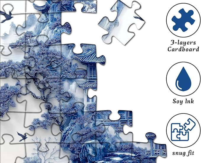 Impossible Landscape Puzzles for Adults 1000 Pieces，Nature Aesthetic Puzzle Blue and White Scenery,Unique Chinese Scenic Jigsaw Puzzles with Birds Boat,Hard Difficult Challenge Building Puzzle