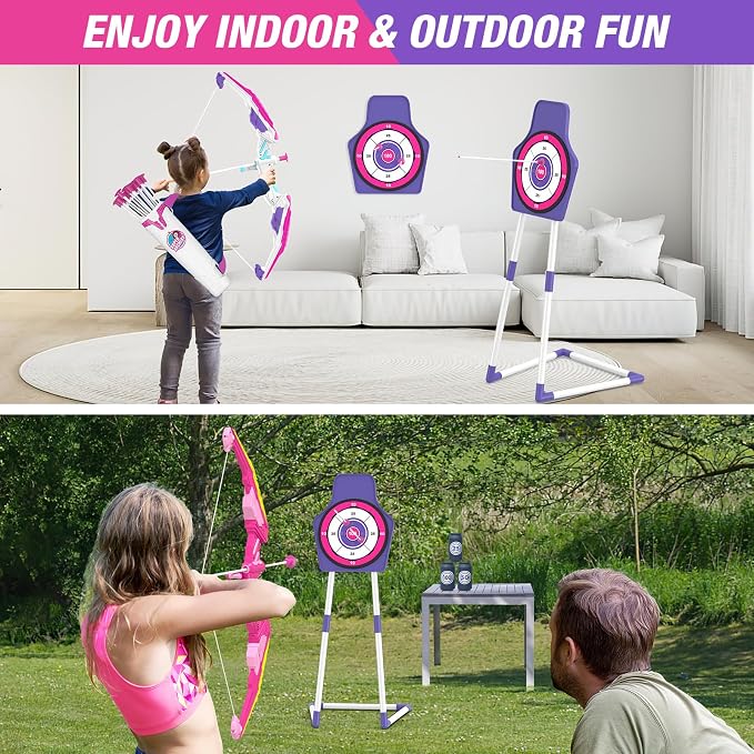 HYES 2 Pack Bow and Arrow for Kids 4-6, LED Light Up Archery Set with 24 Suction Cup Arrows, 1 Standing Target, 6 Score Targets & 2 Quiver, Indoor Outdoor Sport for Girls Ages 8-12