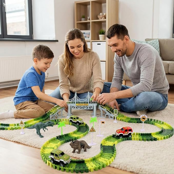 Dinosaur Race Track Toys for Boys 3-5, Flexible Bridge Car Track Set with 2 Toy Cars & Dinosaur Figures, Adventure Race Track Playset for Boys Age 4-7 Birthday Gifts