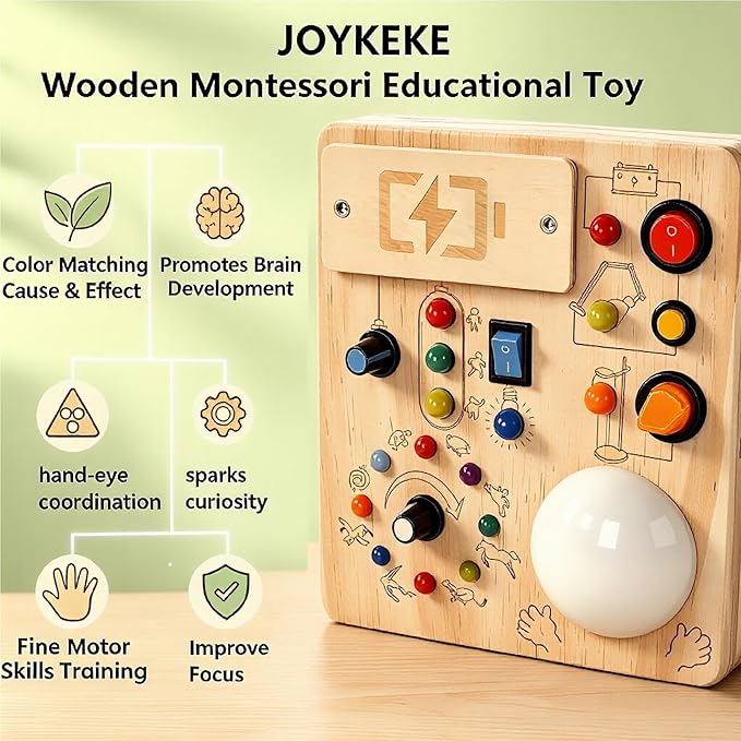 Montessori Busy Board for 1-4 Year Old, Slap-Activated LED Light Sensory Switch Board, Educational Fine Motor Skills Learning Toy