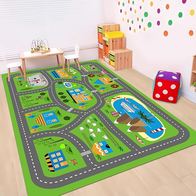 Kids Car Playmat 78.7"X 59", Kids Rug for Playroom Car Mat Town City Road Traffic Rugs, Play Mat for Floor, Extra Large Boys Kid Car Track Play Rug (Style Three, 78.7X 59 INCH)
