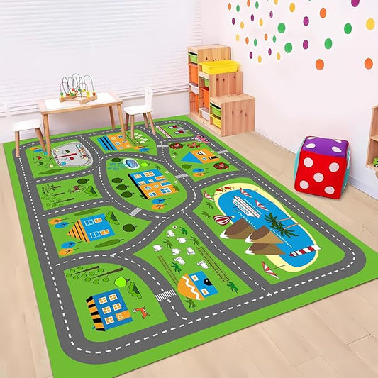 Kids Car Playmat 78.7"X 59", Kids Rug for Playroom Car Mat Town City Road Traffic Rugs, Play Mat for Floor, Extra Large Boys Kid Car Track Play Rug (Style Three, 78.7X 59 INCH)