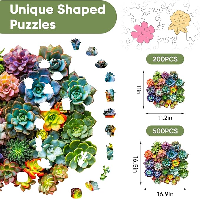 Mys Aurora Succulent Wooden Puzzles for Adults, 500 Piece Unique Shaped Wood Jigsaw Puzzles for Adults and Kids, Fun Challenging Puzzles Family Game Gift, Medium 16.9'' x 16.5''