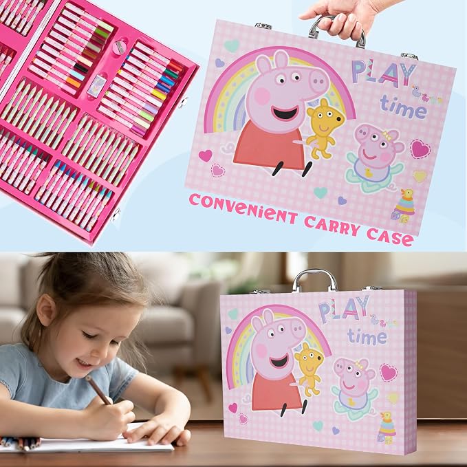 Peppa Pig Colouring, Arts & Crafts Set for Kids, 137 Pcs Stationary Supplies, Colouring Paper Pencils Crayons Eraser & Sharpener, Gifts for Girls