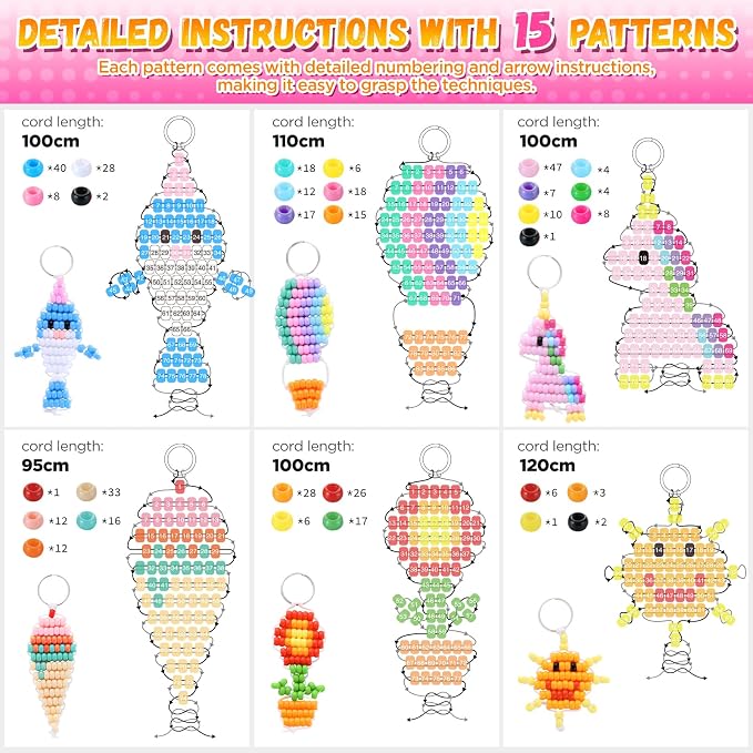 Funtopia Pony Beads Kit for Keychain Making, mini Pony Bead Pets for Kids Beginners，Includes Instructions for 15 Cute Designs and Storage Box, Kids Craft Kit for Rainy Day Group and Family Activities