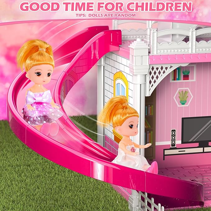 Doloowee 4-Story Dollhouse with Slide & 2 Dolls, 10-Room Toy Playhouse | Ideal screen-free play for girls ages 3-8; perfect for birthday parties, Christmas, and princess bedroom activities.