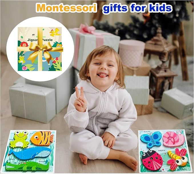 Montessori Toys Puzzle for 18-24 Month, Toddler Educational Wooden Jigsaw, Creature Matching & Sorting & Learning Toys for Ages 2-4