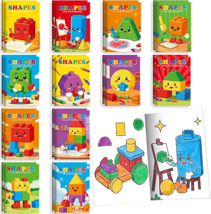 BenLouis 24 Pcs Building Block Mini Coloring Books Kids Geometric Shapes Party Favors Small Activity Books Bulk for Kids Building Birthday Goodie Bags Stuffers Return Gifts Classroom Travel