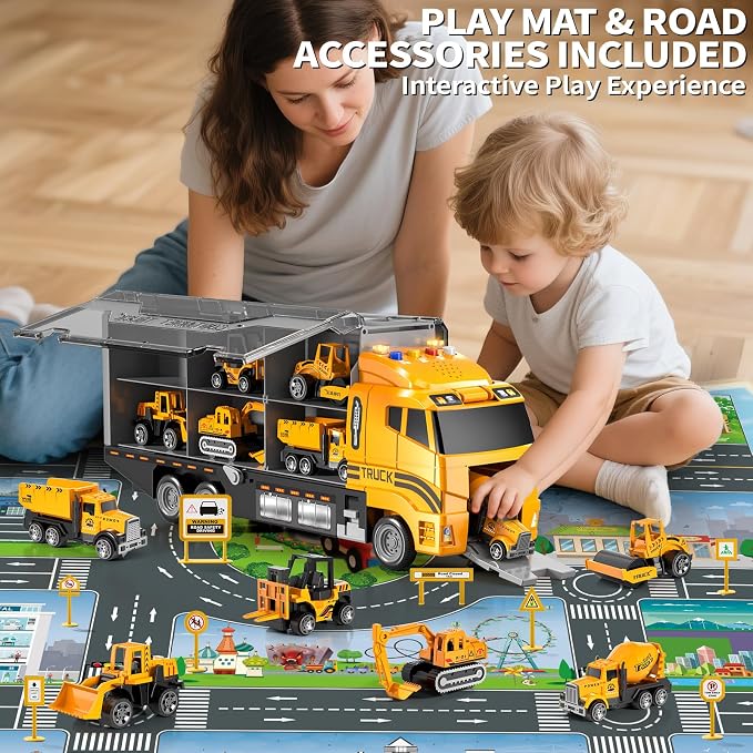 3-5 Year Old Boys Construction Truck Toy Set,6 Die-Cast Mini Toy Cars with Play Mat, Light & Sound Features, Easy Storage,Indoor & Outdoor Play Toys, Birthday Gifts for Boys Girls Kids Ages 3‑8