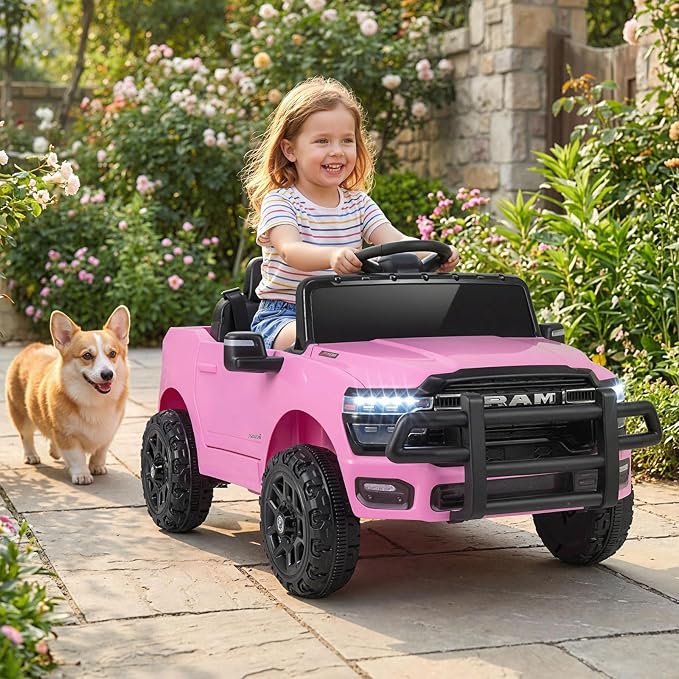 Costzon Ride On Car, 12V Licensed RAM Kids Electric Vehicle w/Remote Control, LED Lights, Music, Horn & Wireless Connection, Soft Start, Ride On Toy Kids Car for Boys Girls (1-Seater,Pink)