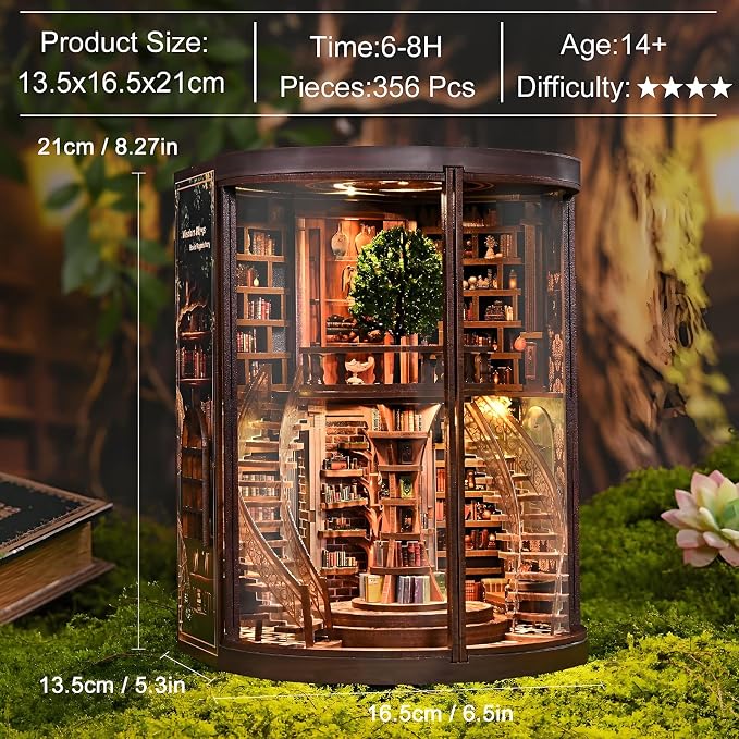 Book Nook Kits for Adults Fantasy 3D Puzzle Library Booknook Kit with Dust Cover Wisdom Book Repository Round Bookshelf Decor Wooden DIY Spiral Staircase Miniature Dollhouse Book House