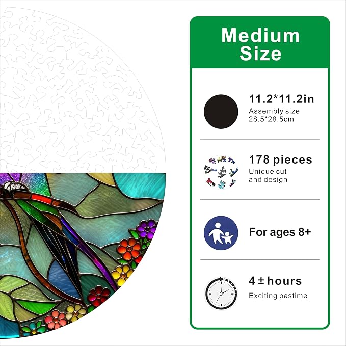 Hartmaze Stained Glass Hummingbird Wooden Puzzle, 178 Intricate Irregular Pieces, 11.2x11.2 Inch, Exquisite Wooden Gift Box – Vibrant Mosaic Art Jigsaw for Adults & Kids 8+