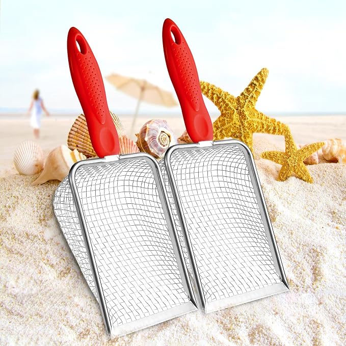 Beach Mesh Shovel,Sand Sifter Tool for Shell Collecting with Durable Mesh Net - Kids Sand Scoop for Picking Up Shells - Beach Toys (Red)