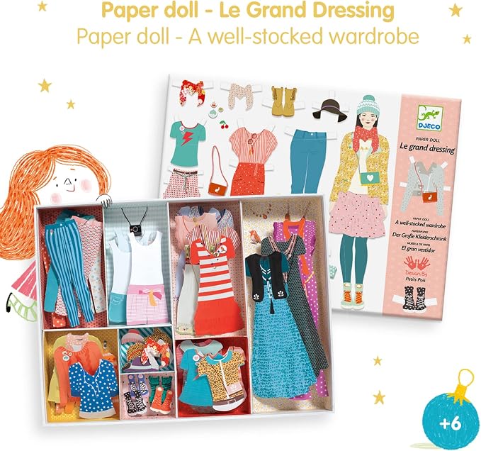 DJECO Paper Doll Fashion Dressing Room - Dress Up Dolls, Endless Outfits for Home, School or Gifts - Fun & Creative for Family & Friends - Playful, Educational Art Toys for Girls, Kids