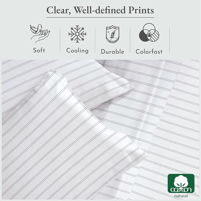 California Design Den Stripe Sheet Set Twin XL, 100% Cotton Twin XL Sheet Set, 12" Pocket Twin XL Size Sheets & Pillowcase Set, Soft Sateen Weave - Classic Stripe