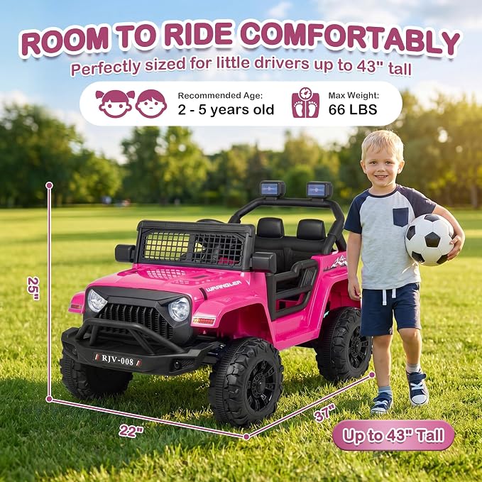12V 7AH Kids Ride-On Truck Jeep, Electric Car with Parent Remote Control, Spring Suspension, LED Lights, Bluetooth, Music, Pink