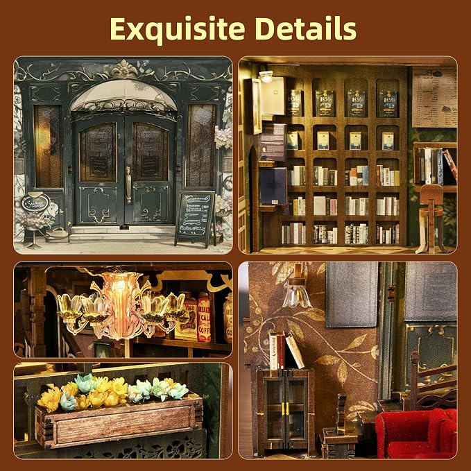 MiniCity Book Nook Kit, DIY Doll House Booknook, Miniature Kit for Bookshelf Doll Houses for Adults Teen Halloween, 3D Wooden Puzzle Bookends with Led Light and Dust Cover (Saisons Café)