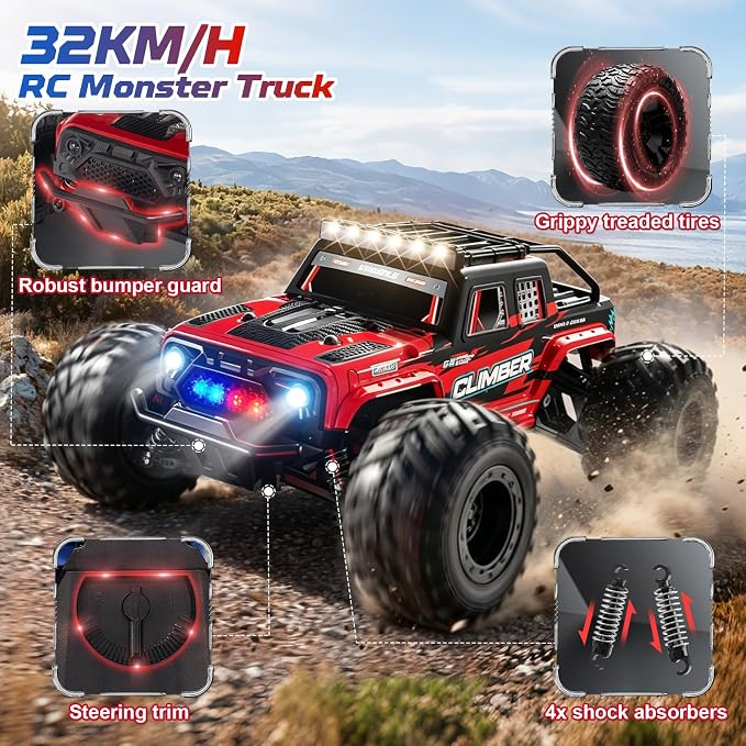 Gohero Remote Control Monster Truck – 32KM/H Fast RC Car for Adults & Kids, 1/18 Scale Off-Road Truck with Dual Shells & Lights, App/2.4GHz Control, 2 Batteries 60Min Playtime, Gift for Boys 8-12