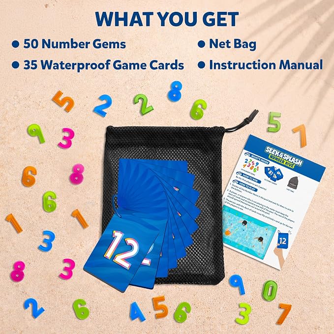Skillmatics Pool Toys - Seek & Splash, Search & Find Water Game, Swimming Pool Number Dive Toy for Kids, Summer Fun & Gifts for Boys & Girls Ages 6, 7, 8, 9, 10, 11 & Up, Includes 50 Colorful Gems