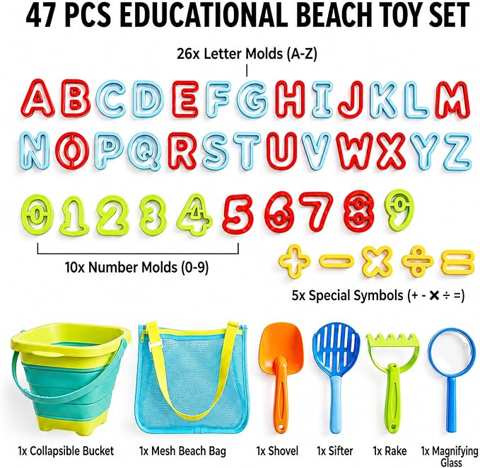 47pc Collapsible Beach Toys for Toddlers Kids ，Educational Sand Toys with Letter & Number Molds, Collapsible Bucket, Magnifying Glass, Mesh Bag -Travel Sandbox Toys for Boys Girls Age 3-10