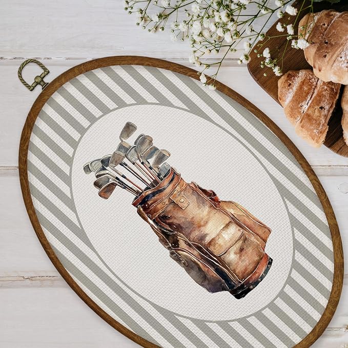 WULQYING Golf Bag Sports Nursery Wall Art Decor, Boys Room Oval Framed Canvas Art Prints, Neutral Striped Sport Lover Gift Wall Hanging Decor for Kids Nursery Room Playroom, 8.5x11.3 Inches