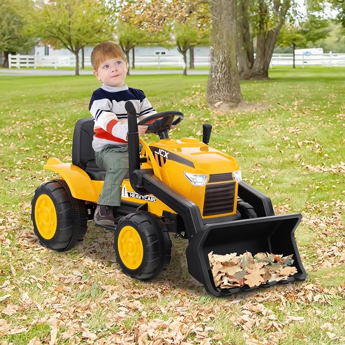 Costzon Ride on Excavator, 12V Kids Excavator Ride on Bulldozer with Remote Control & Adjustable Digger Bucket, LED Headlights, Music, Horn, USB, Electric Construction Ride on Toy for Kids 3-8, Yellow